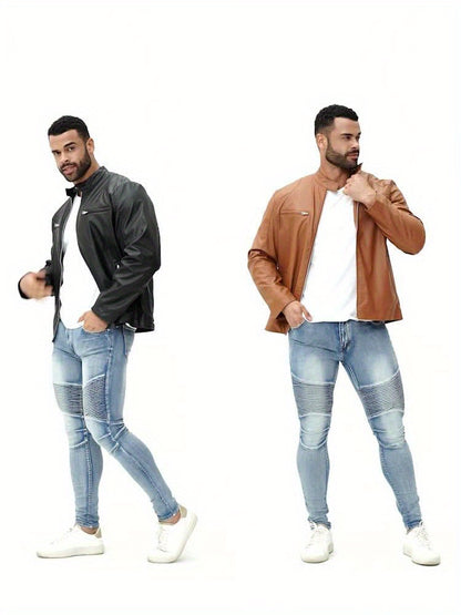 Men's PU Leather Motorcycle Jacket with Zipper Pockets, Autumn/Winter Stand Collar Cardigan Coat - Hiccupzz