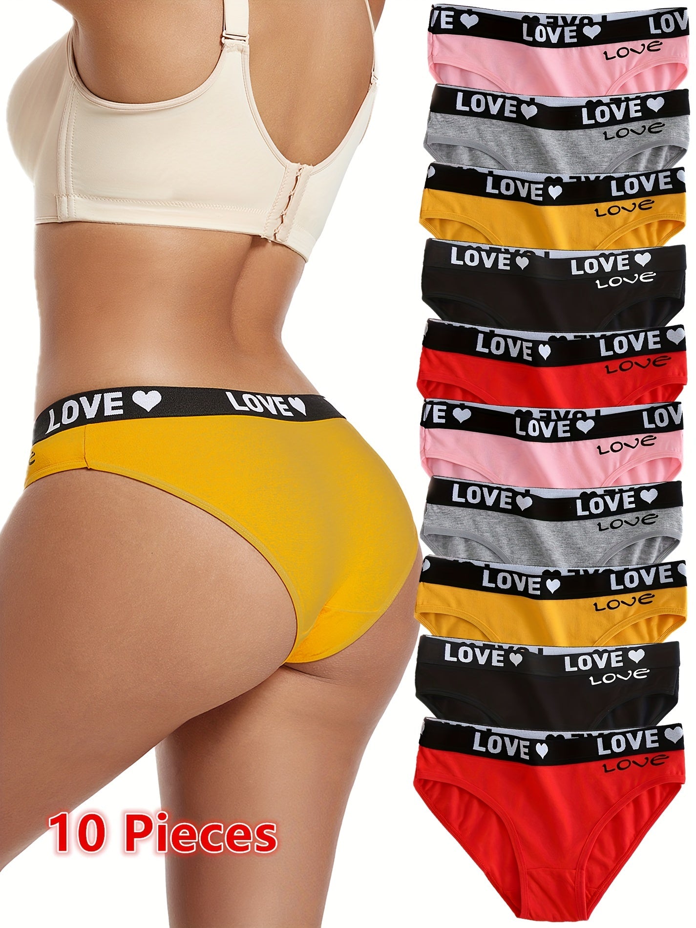 10 Pcs Women's Fashion Briefs with Love & Letter Print, Breathable Butt-Lifting Cotton Panties