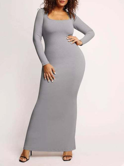 Round Neck Sleeved Slim Fitting Long Dress - Hiccupzz