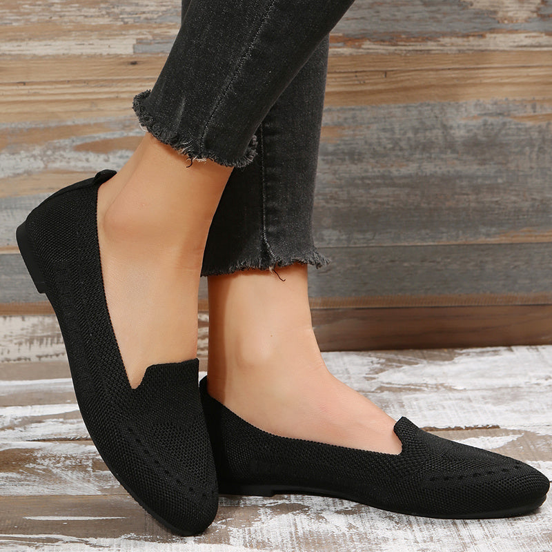 Women's Black Slip-On Flats - Breathable Knitted Round Toe Non-Slip Casual Lightweight Walking Shoes