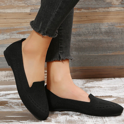 Women's Black Slip-On Flats - Breathable Knitted Round Toe Non-Slip Casual Lightweight Walking Shoes - Hiccupzz