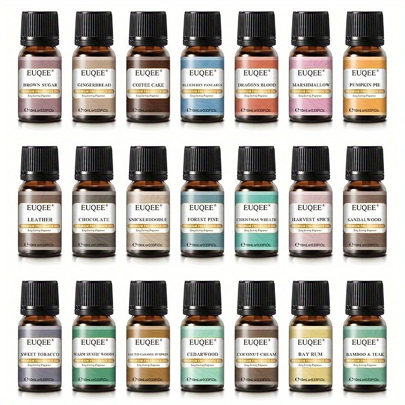 EUQEE Premium Fragrance Oils, 0.34oz Each, Variety Set, Long-Lasting Scents For Diffusers, Candles, Air Humidification - Lilac, Christmas Wreath, Forest Pine, Snickerdoodle, Warm Rustic Woods, Dragons Blood