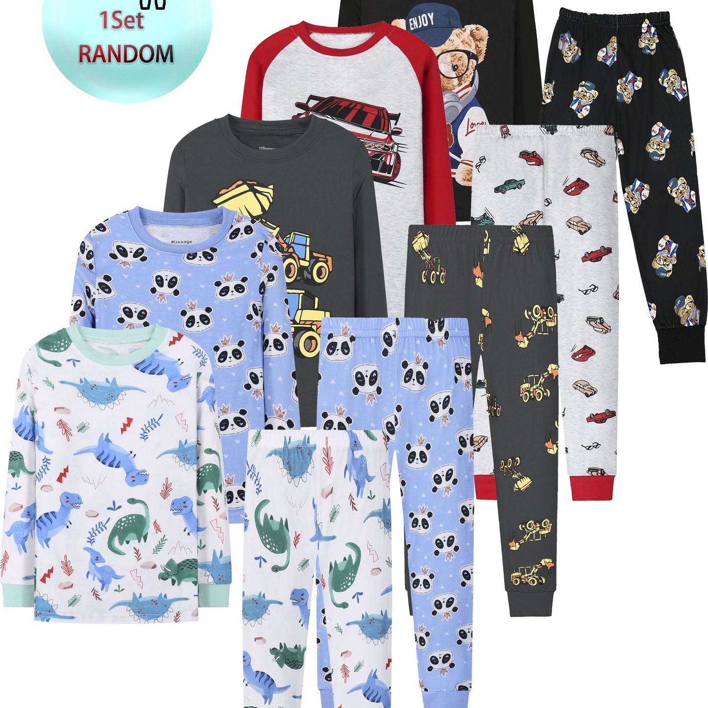 1 Set Boys' Thermal Underwear - Random Styles, Cute Animal & Truck Prints, Round Neck Long Sleeve Top & Trousers, Comfortable for Outdoor Wear