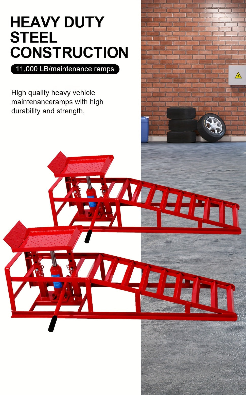 2-Pack Heavy Duty Hydraulic Truck Ramps - 5T/11,000Lbs Capacity, Steel Vehicle Maintenance Platform for Garage, Red