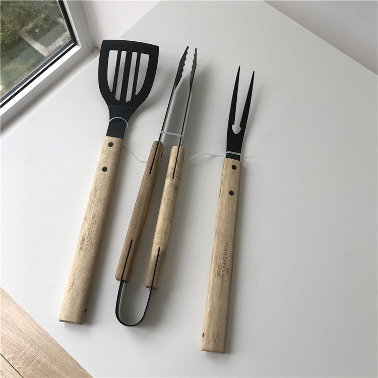 Barbecue Grill Fork, Shovel with Wooden Handle, Stainless Steel Grill Tongs 3pcs / set