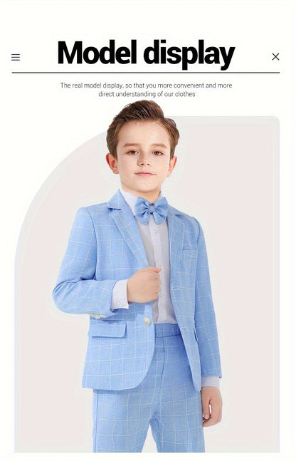 3-Pcs Boys Formal Plaid Gentleman Outfits, Long Sleeve Blazer, Bowtie, Pants Set - Hiccupzz