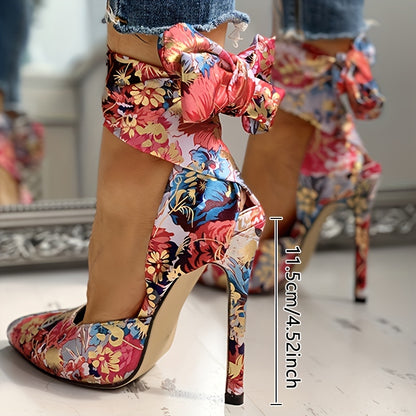 Floral Satin High Heels - Elegant Pointed Toe Lace Up Stilettos for Parties and Dressy Occasions - Hiccupzz