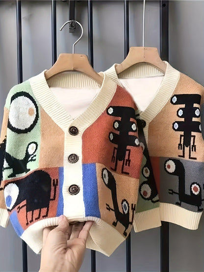 Boys' Cozy Knit Cardigan Sweater, Cartoon Design, V-Neck, Stretchy, Machine Washable - Hiccupzz