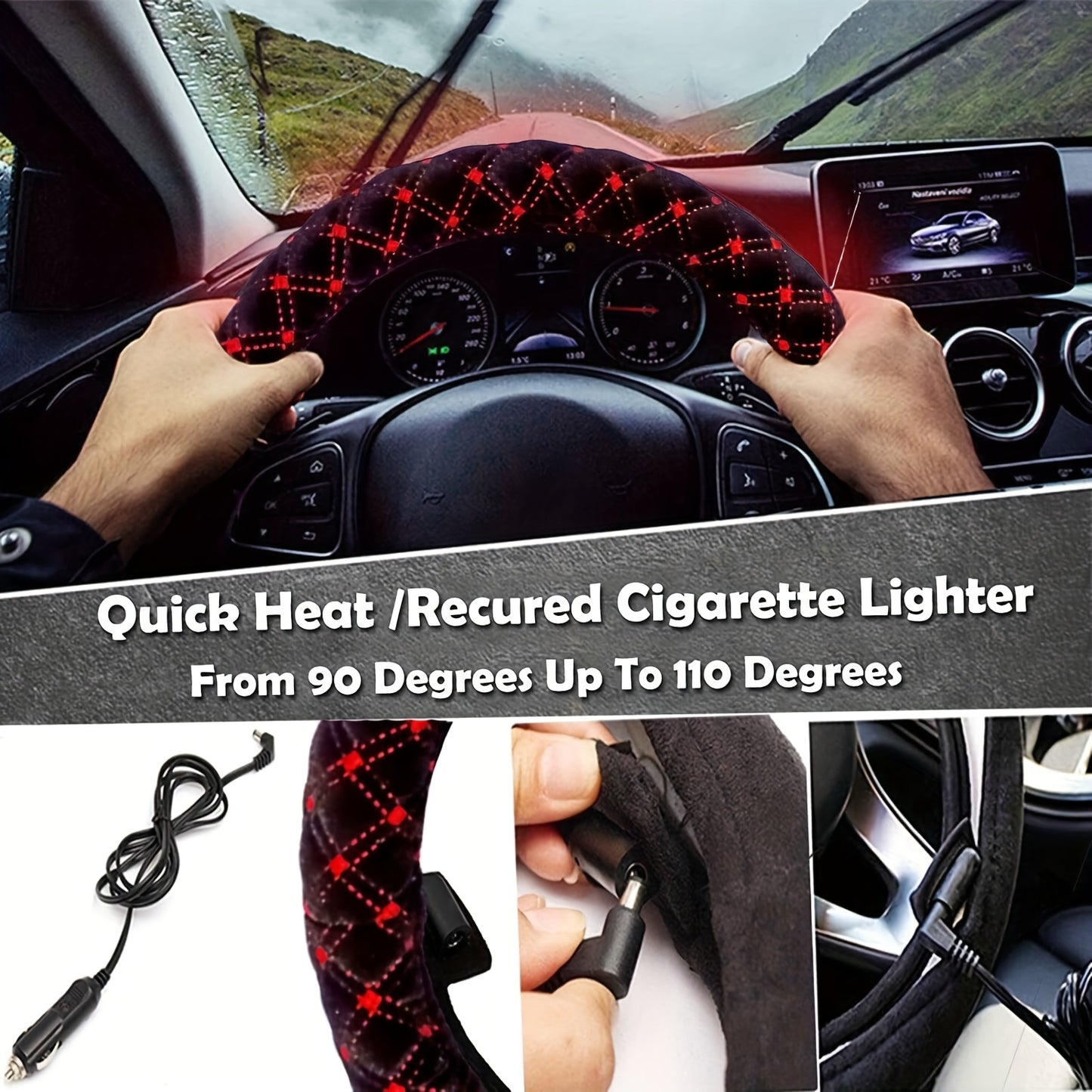 1 Pc Big Hippo 12V Heated Steering Wheel Cover with 2 Bonus Seatbelt Covers - Quick Heat, Thermo-Control, Anti-Slip, Breathable, Fits 14.5-15" Wheels