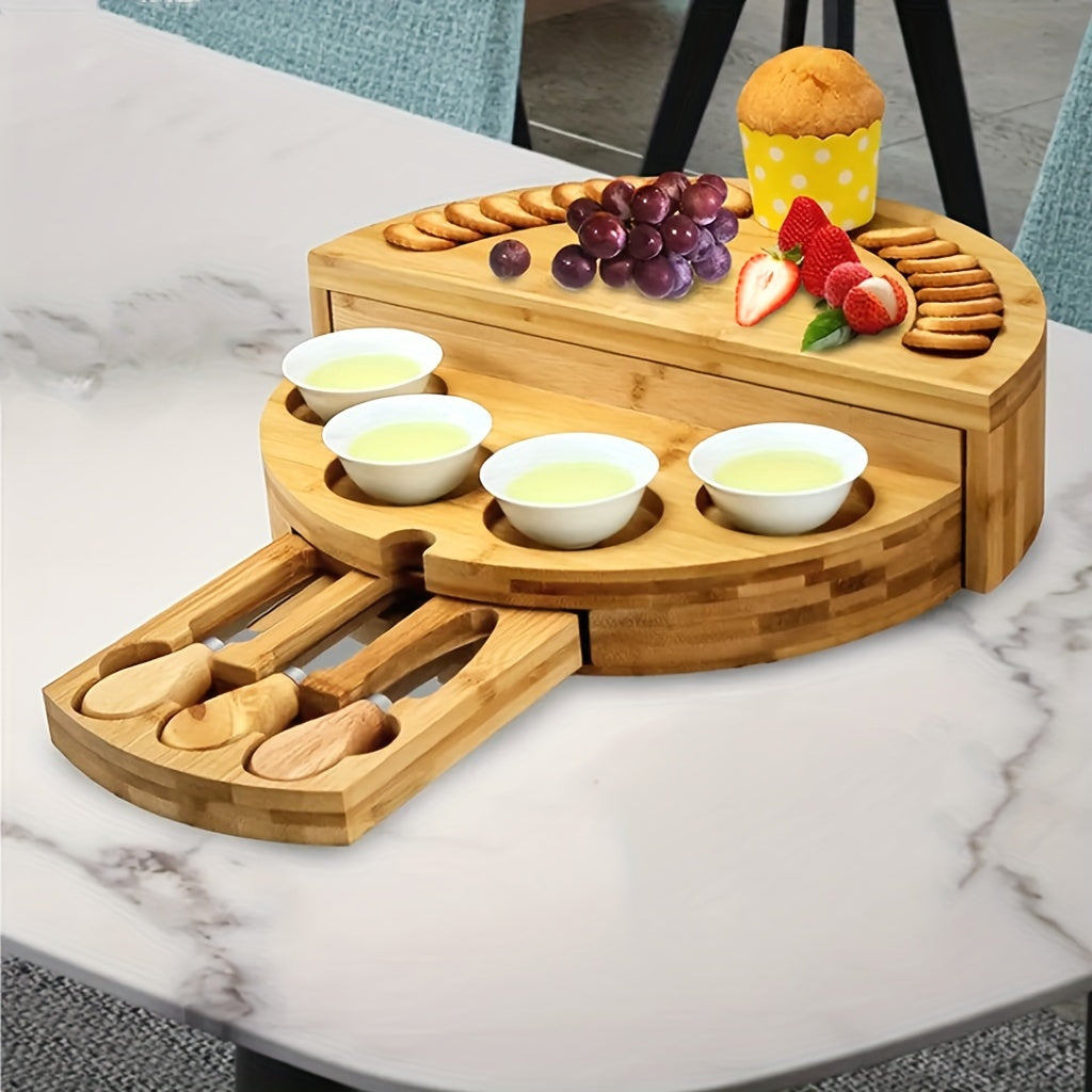 1 Set Bamboo Cheese Board with Slide-Out Drawer & Foldable Storage