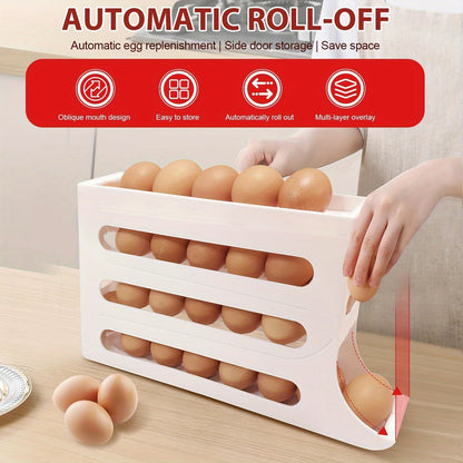 4-Tier Rolling Egg Dispenser for Refrigerator – Automatic 30-Egg Storage Rack for Kitchen