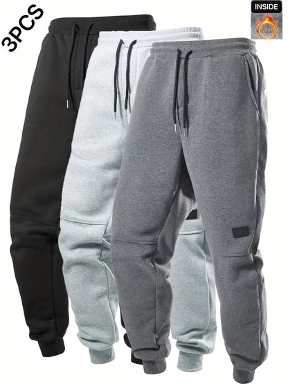 3-Pack Men's Solid Color Drawstring Joggers, Casual Sport Pants with Pockets - Hiccupzz