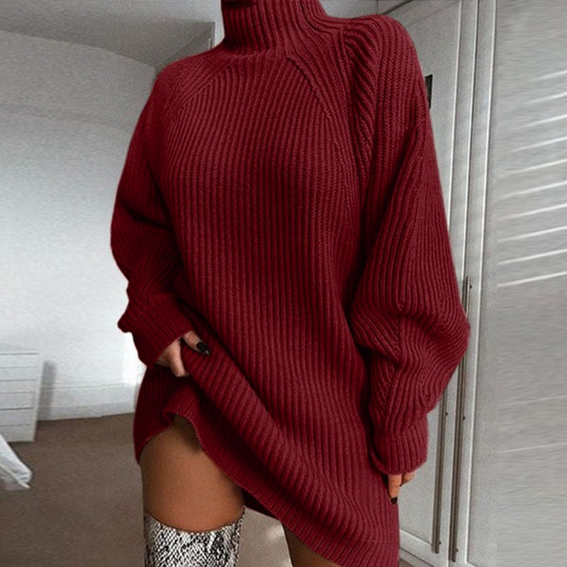 Europe and the United States foreign trade autumn and winter new women's sweater mid-length with shoulder sleeve half turtleneck sweater dress