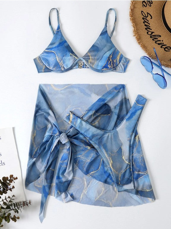 3 Pcs Marble Print Bikini Swimwear - Women's Summer Lingerie Set