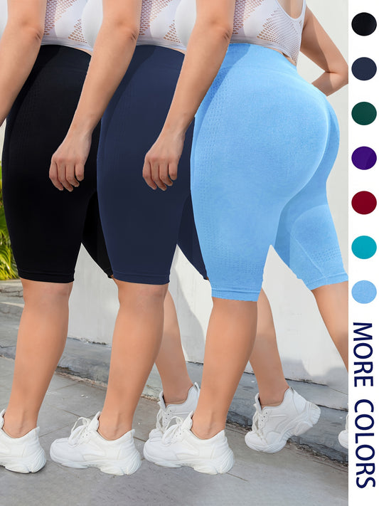 3-Pack Plus Size Yoga Shorts For Women, High Waist Peach Lift, Stretchy, Butt-lifting, High Elasticity, Fitness Activewear, Quick-Dry, Seamless Sport Shorts Set