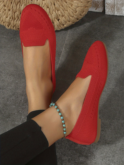 Women's Black Slip-On Flats - Breathable Knitted Round Toe Non-Slip Casual Lightweight Walking Shoes - Hiccupzz