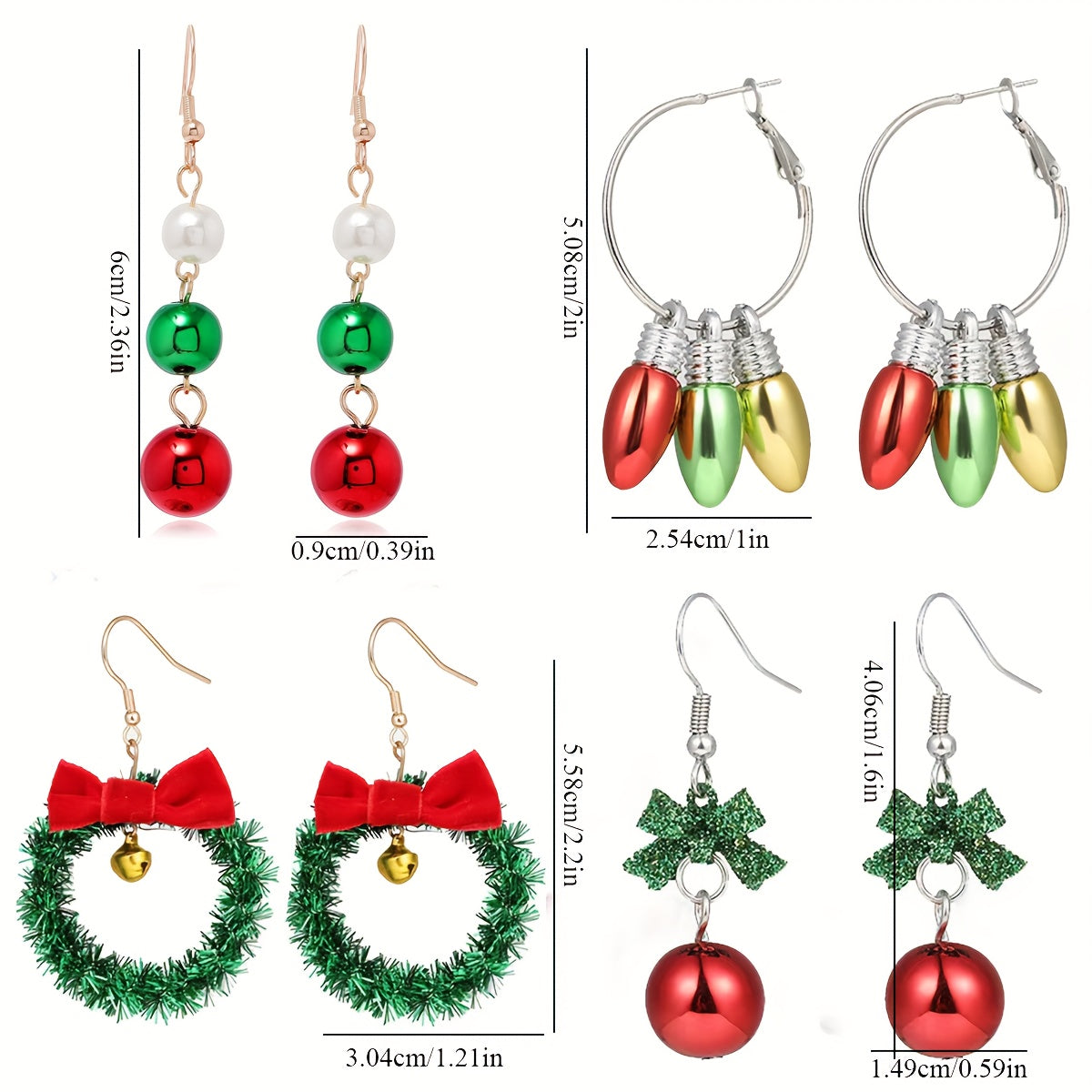 6 Pairs Christmas Dangle Earrings Set - Bow, Bell, Bulb & Tree Designs, Festive Holiday Jewelry for Women