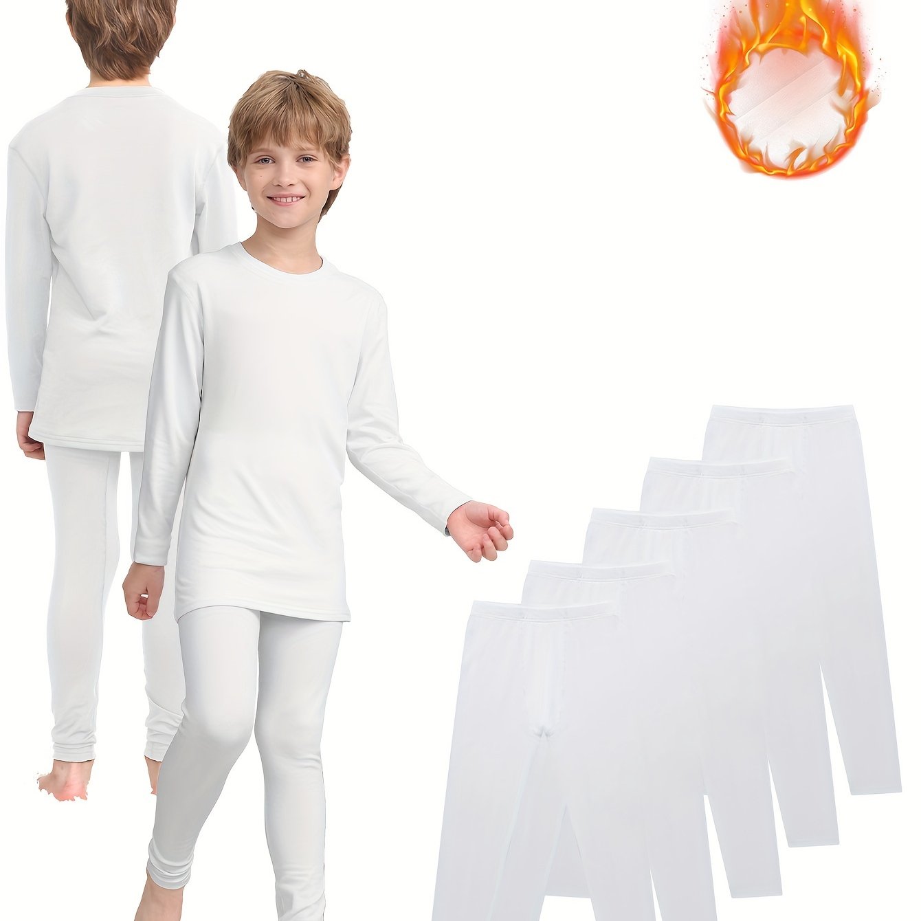 5-Pack Boys' Thermal Leggings - Solid Color, Medium Stretch, Skinny Fit, Comfortable & Soft