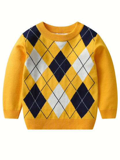 Boys Argyle Pattern Warm Knit Sweater - Round Neck, Long Sleeve - Hiccupzz