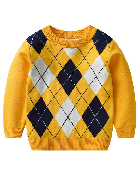 Boys Argyle Pattern Warm Knit Sweater - Round Neck, Long Sleeve