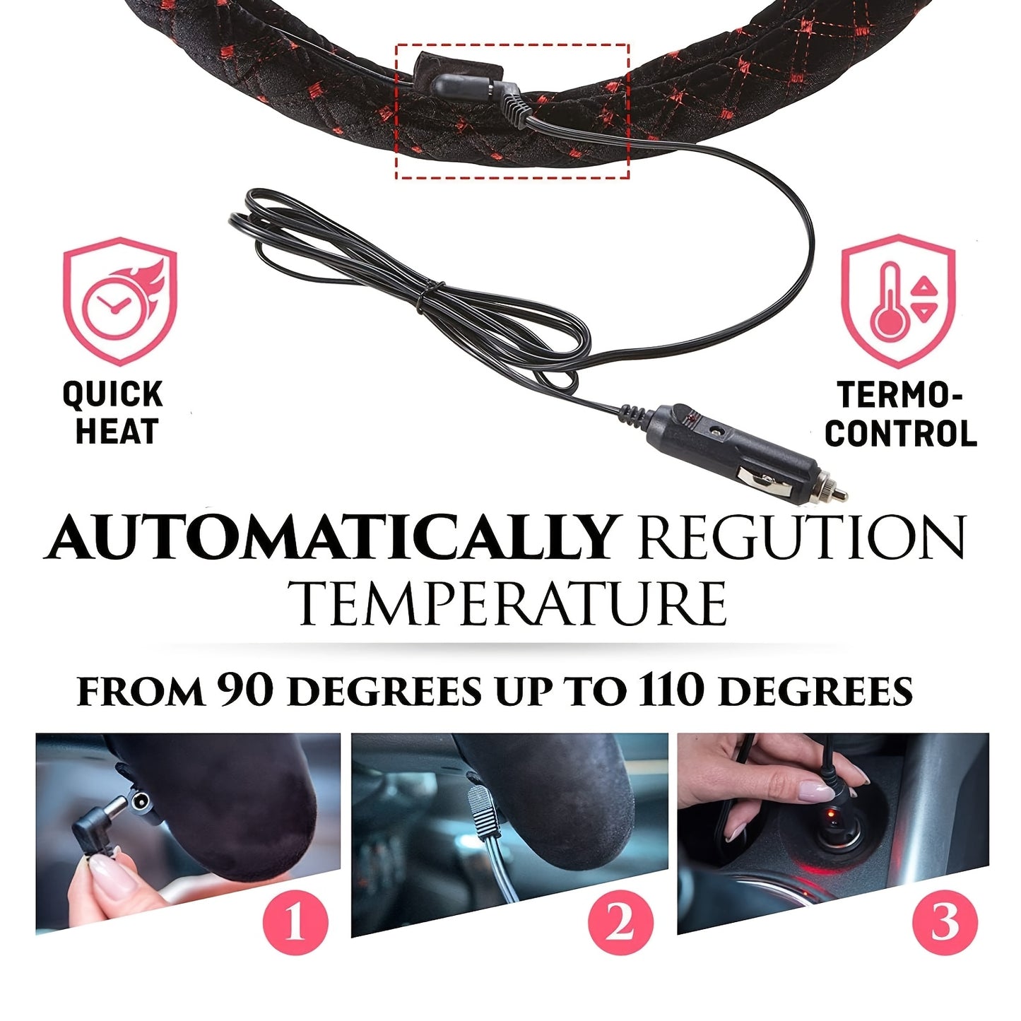 1 Pc Big Hippo 12V Heated Steering Wheel Cover with 2 Bonus Seatbelt Covers - Quick Heat, Thermo-Control, Anti-Slip, Breathable, Fits 14.5-15" Wheels