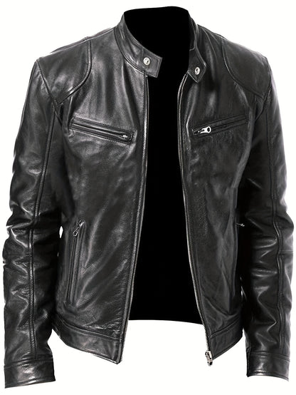 Men's PU Leather Motorcycle Jacket with Zipper Pockets, Autumn/Winter Stand Collar Cardigan Coat - Hiccupzz