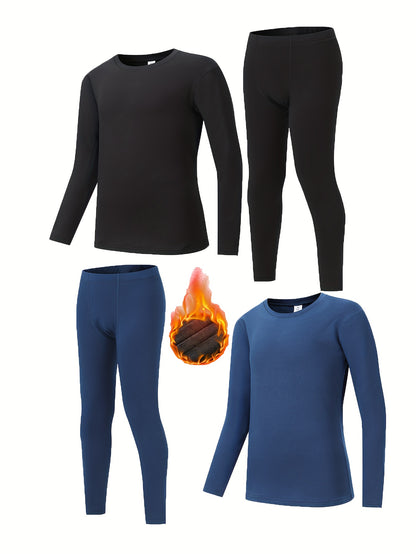 4 Pcs Youngsters' Thermal Underwear Set, Cozy Fleece Lining, Stretchy Knit Fabric - Hiccupzz