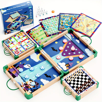 8-in-1 Wooden Board Game Set - Includes Chess, Sling Puck, and More