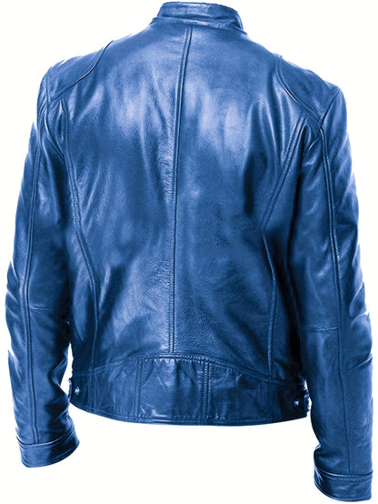 Men's PU Leather Motorcycle Jacket with Zipper Pockets, Autumn/Winter Stand Collar Cardigan Coat - Hiccupzz