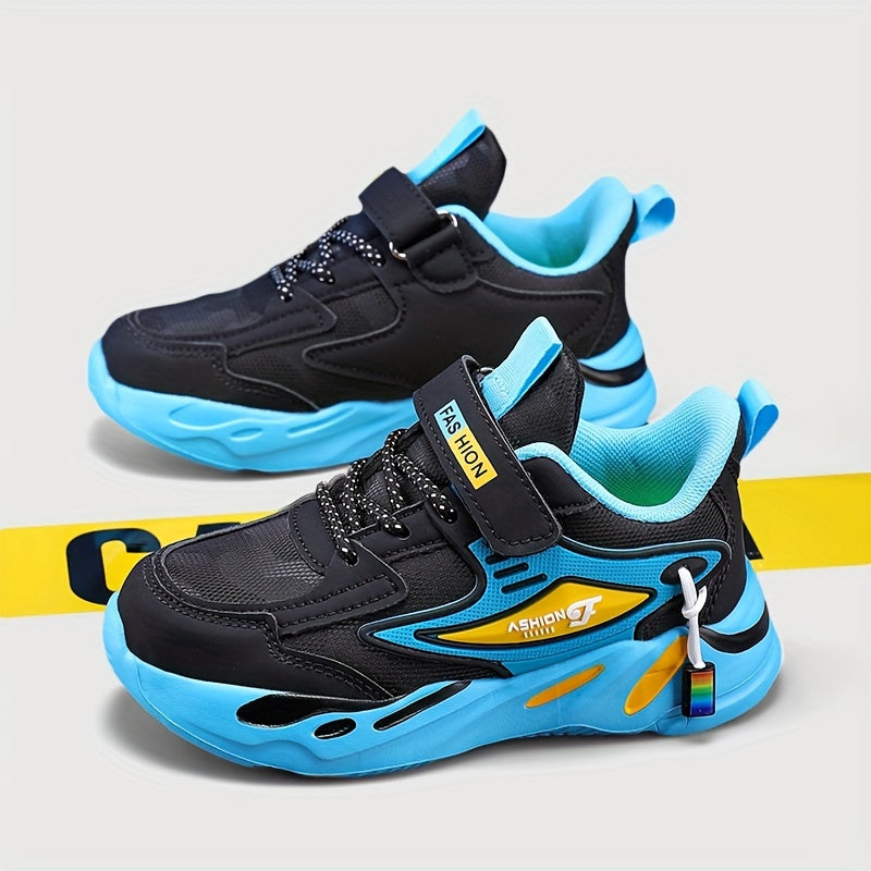 Boys' Sports Casual Running Shoes, Lightweight Microfiber Leather with Hook & Loop, Round Toe, EVA Sole, Striped All-Season Sneakers.