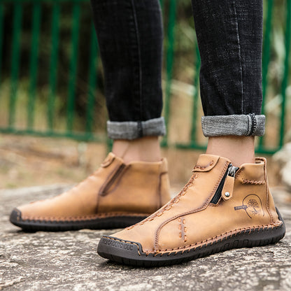 Men's Handmade Boots, Classic Stitching Ankle Boots, Outdoor Casual Zipper Shoes - Hiccupzz