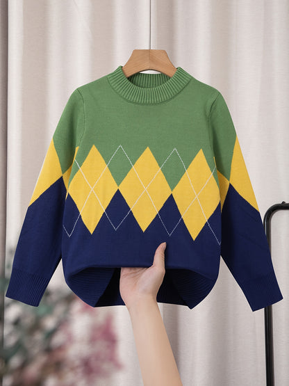 Kid's Color Clash Argyle Jacquard Sweater, Preppy Style Cable Knit Long Sleeve Top, Fall/Winter - Hiccupzz
