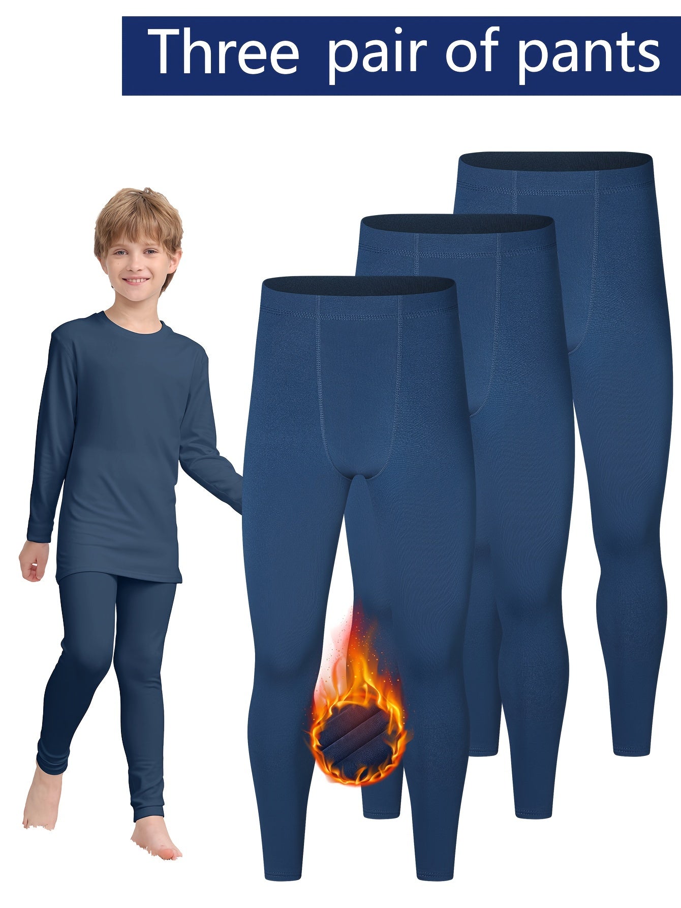 3-Piece Boys' Fleece-Lined Quick-Dry Leggings - Cozy, Stretchy & Warm for Fall/Winter, Soft Fleece & Polyester Blend, Perfect for Outdoor Play & Sports