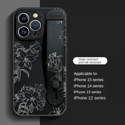 Floral Print Phone Case with Wrist Strap for iPhone 15/14/13/12 Pro Max Series - Elegant Lily Pattern, High-End Anti-Scratch and Drop-Proof Cover with Bracket Feature - Hiccupzz