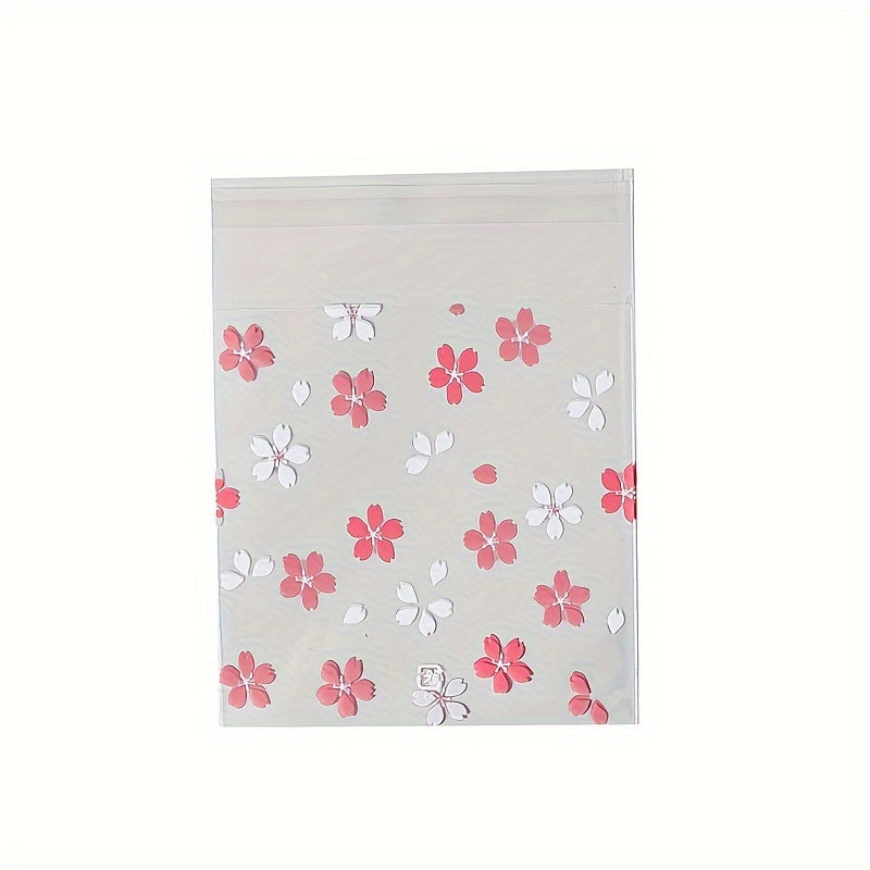 25PCS Floral Printed Polypropylene Gift Bags with Sakura Blossom Design – Clear, Durable OPP Plastic Pouches for Packaging Jewelry, Cookies, and Favors, Ideal for Party and Wedding Gifts