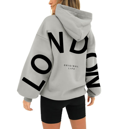 Printed Long Sleeve Loose Pockets Hooded Sweater - Hiccupzz