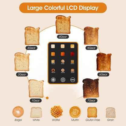 1 Pc Smart Digital Toaster - Touch Screen LCD Display, 6 Bread Types, 6 Shade Settings, 1.5" Wide Slots, Bagel/Defrost/Cancel Functions, 750-1000W, 2-Slice, US Plug, 110-130V