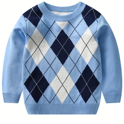 Boys Argyle Pattern Warm Knit Sweater - Round Neck, Long Sleeve - Hiccupzz