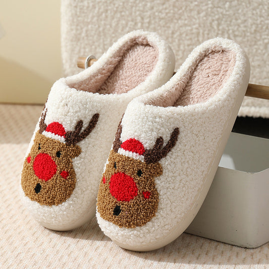 Christmas Cute Elk Pattern Cotton Slippers Indoor Home Plush Warm Slippers