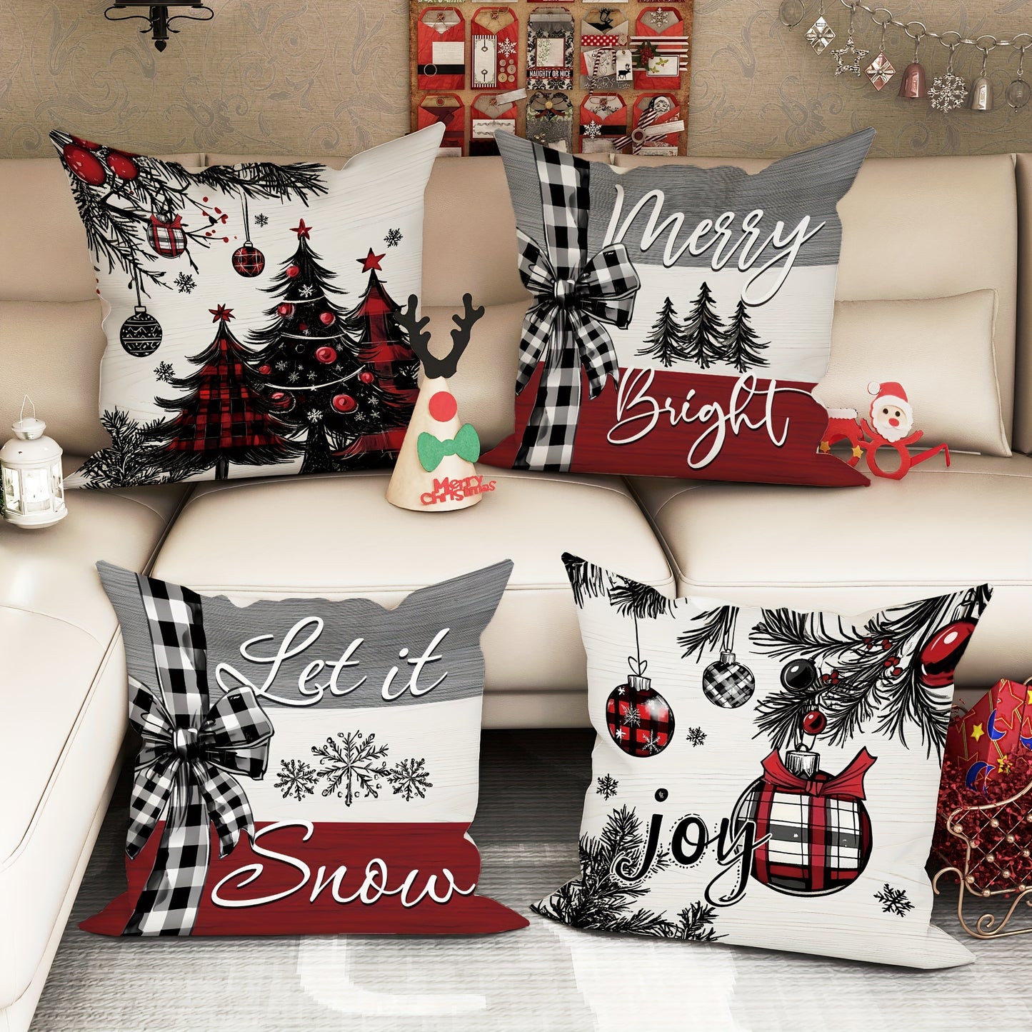 Set of 4 Modern Christmas Throw Pillow Covers 18 x 18 Inch Polyester Full Set