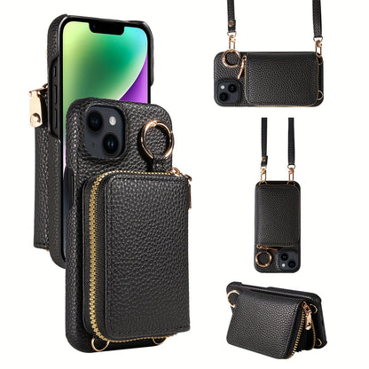 Leather Phone Case with Zipper Lanyard, Wallet, and Card Holder for iPhone (Multiple Models) - Anti-Drop and Convenient - Hiccupzz