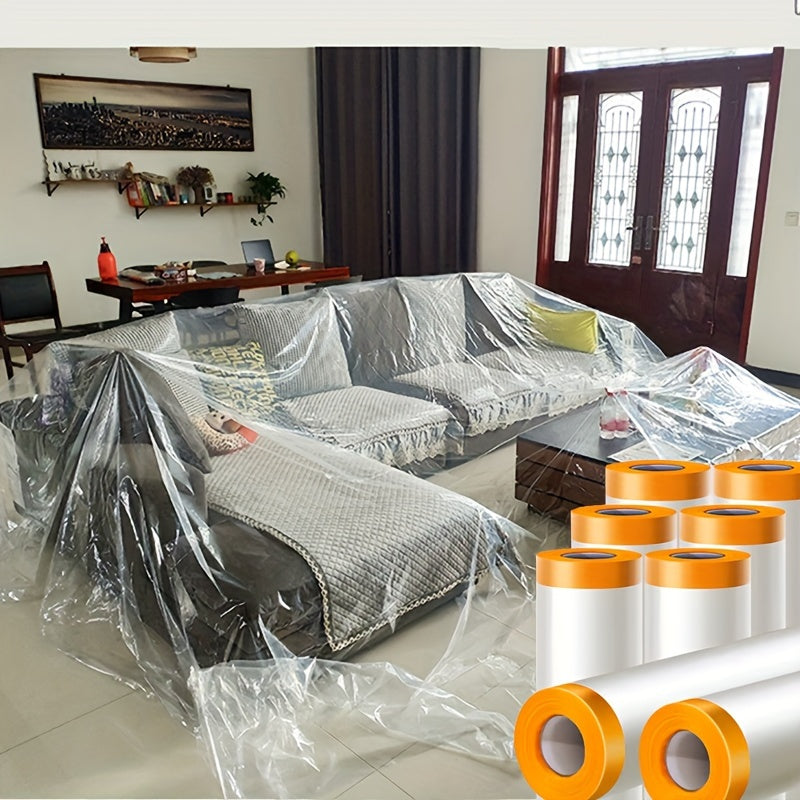 2 Pcs Multi-Purpose Disposable Dust Covers with Tape, Transparent PE Film for Furniture Protection During Travel, Renovation & Cleaning