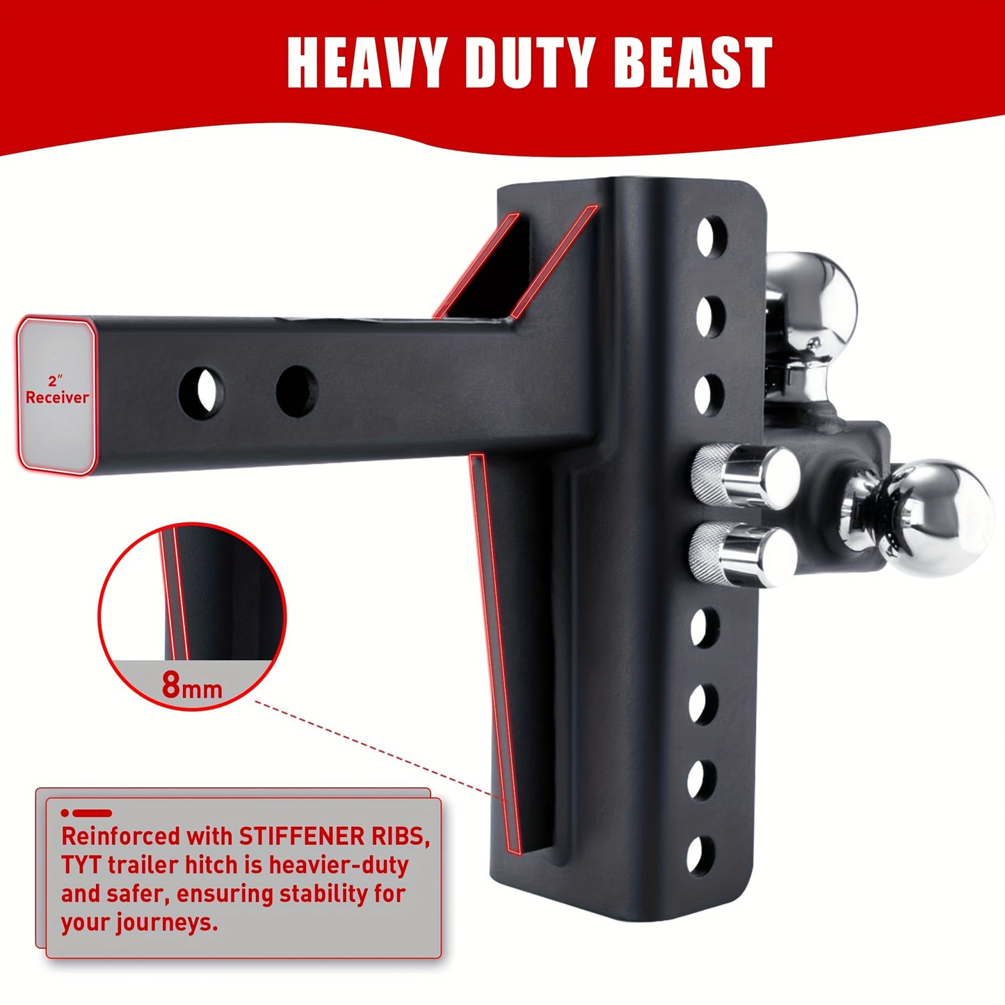 Adjustable Heavy-Duty Trailer Hitch - Tri-Ball Mount with Locks, Pin, & Rotatable Tow Shackle