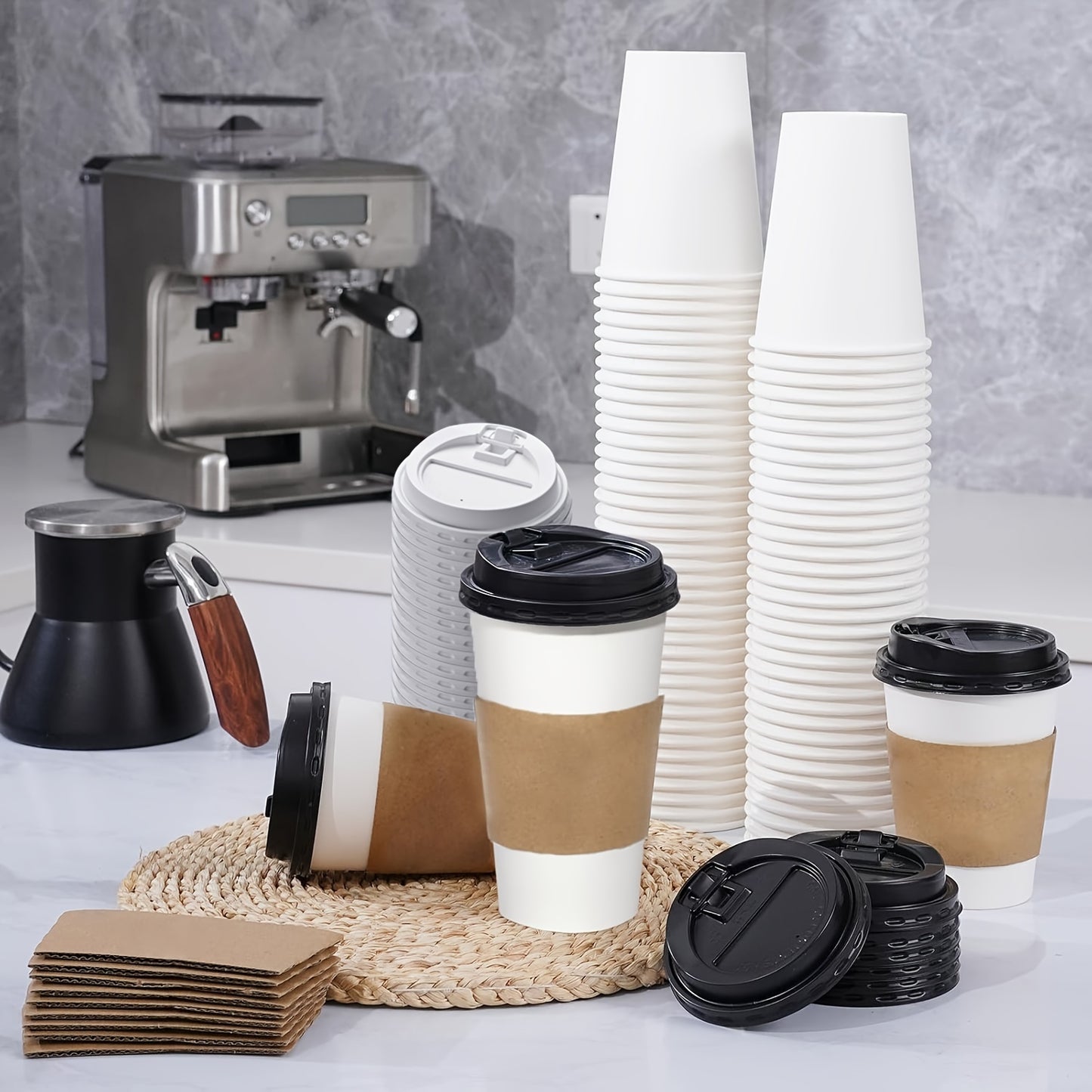 50-Pack Disposable Coffee Cups with Lids & Sleeves - 12/16 oz Eco-Friendly White Paper Cups, Black Lids for Hot Drinks, Tea, or Chocolate