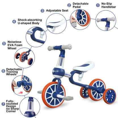 3-in-1 Kids Tricycles for 1-4 Years, Detachable Pedal & Training Wheels, Baby Balance Bike