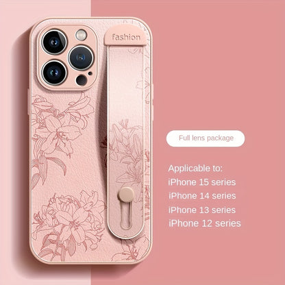 Floral Print Phone Case with Wrist Strap for iPhone 15/14/13/12 Pro Max Series - Elegant Lily Pattern, High-End Anti-Scratch and Drop-Proof Cover with Bracket Feature - Hiccupzz