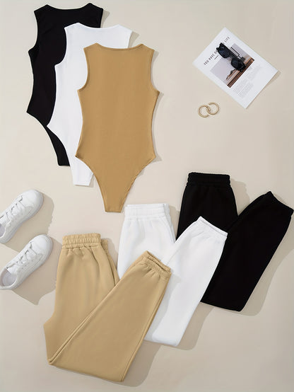 3 Sets Solid Two-piece Sets, Crew Neck Ribbed Tank Bodysuit & Elastic Waist Joggers Outfits, Women's Clothing - Hiccupzz