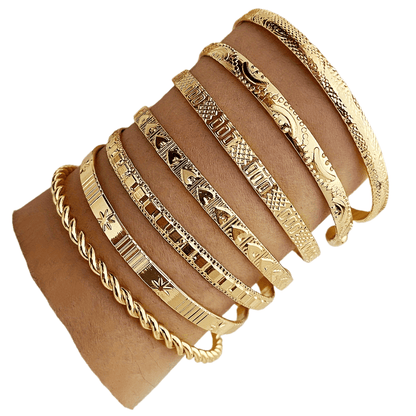 Pieces/Set Retro Ethnic Style Stacking Bracelets with Engraved Textured Openings, Adjustable Iron Bracelet Combinations - Hiccupzz
