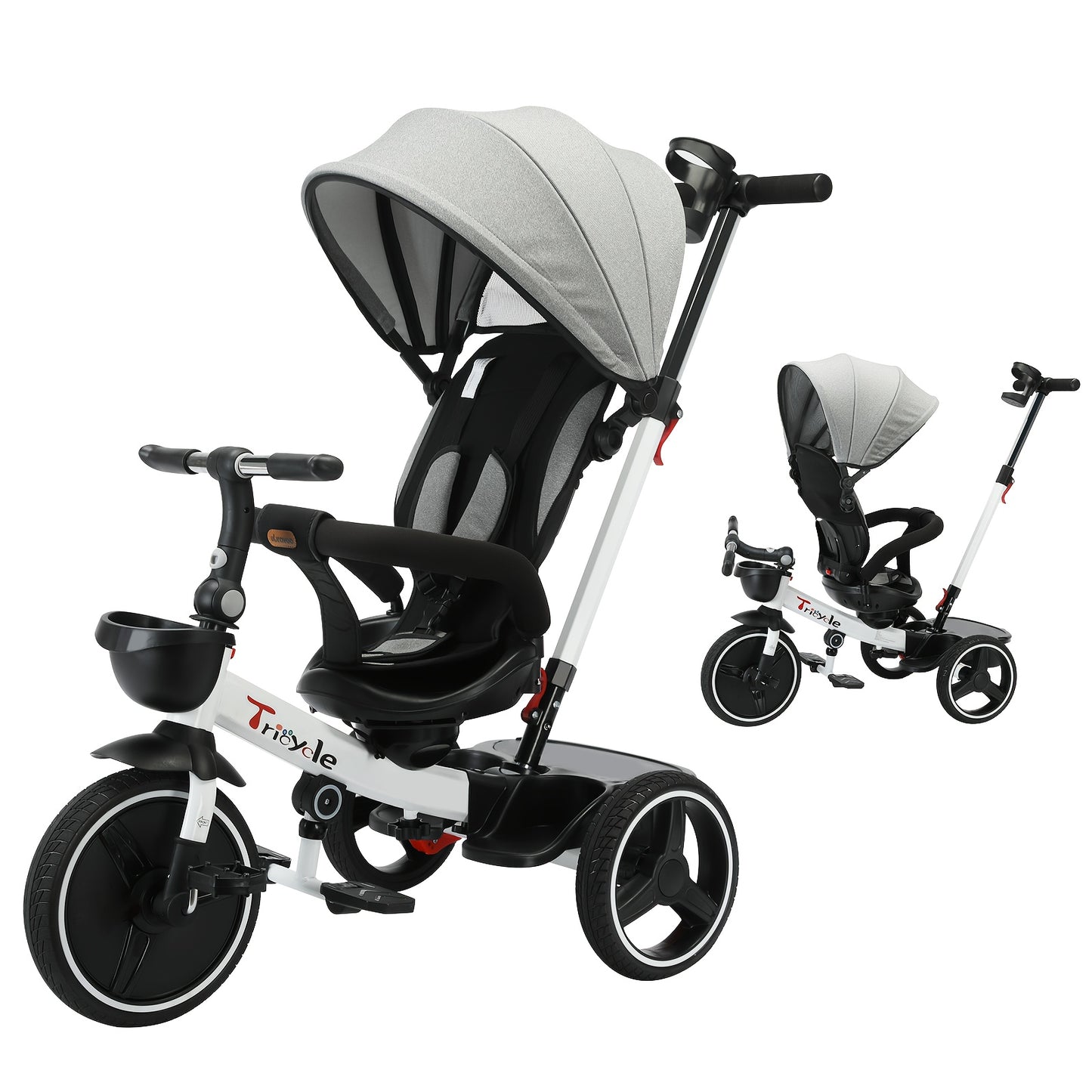 1 Pc 6-in-1 Baby Tricycle Push Bike, Steerable Stroller with Detachable Guardrail, Adjustable Canopy, Safety Harness, Folding Pedals, Storage Basket, Brake, and Shock Absorption