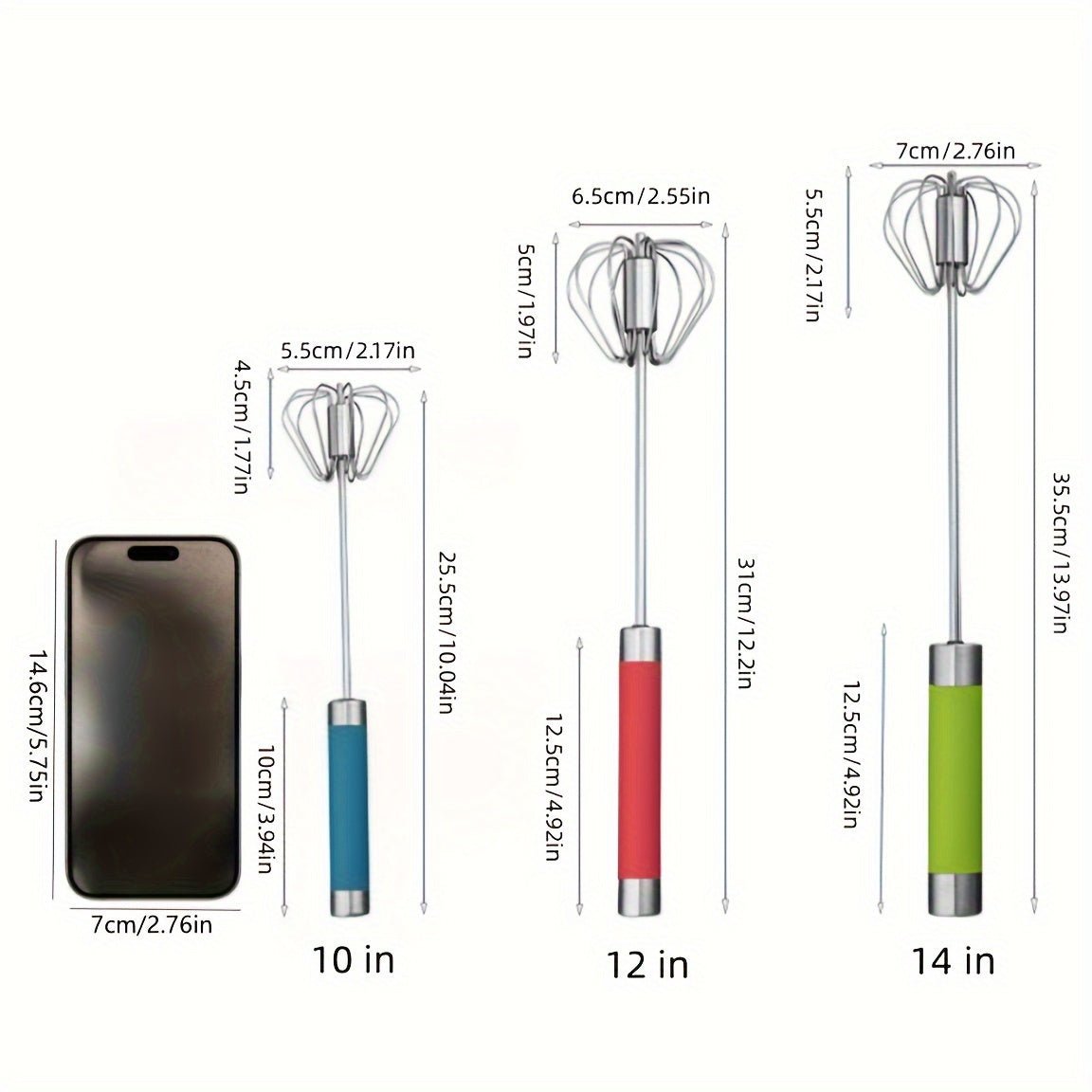 Semi-Automatic Stainless Steel Whisk Set: Manual Hand Push Egg Beater and Non-Electric Rotary Whisk (10/12/14 Inch) for Mixing and Frothing